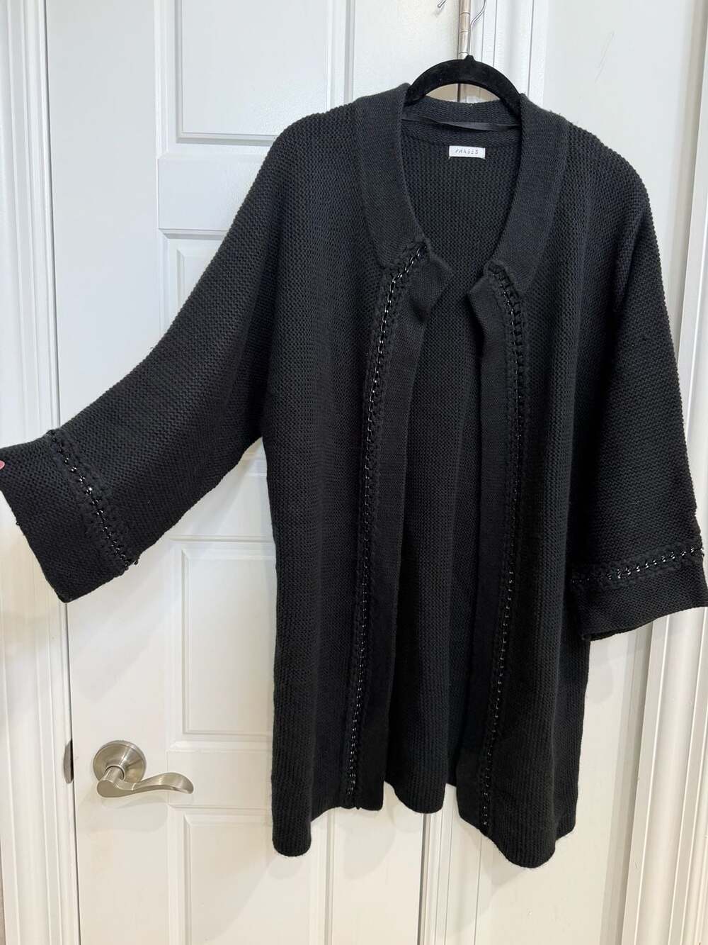 Phase 3 Black Chunky Knit Open Front Cardigan Chain Trim One Size